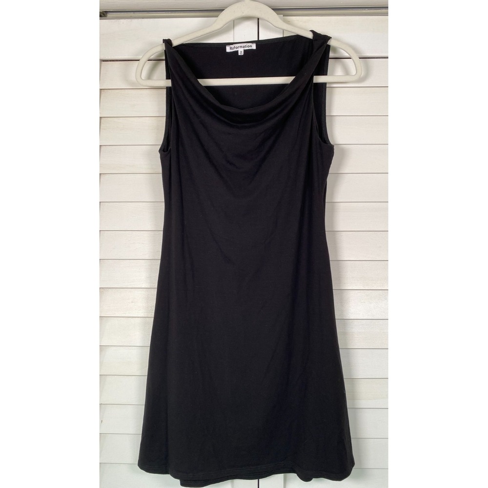 Reformation Knit Mini Dress Black Tencel Lyocell Sleeveless Boat/Drape Neck | M